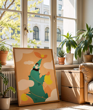 Man Climbing Giant Beanstalk Reaching to Sun in Minimalist Style - Mi tienda