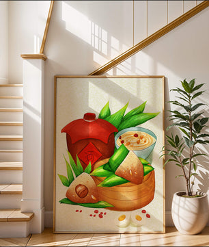 Illustrated traditional Chinese food with zongzi and rice wine