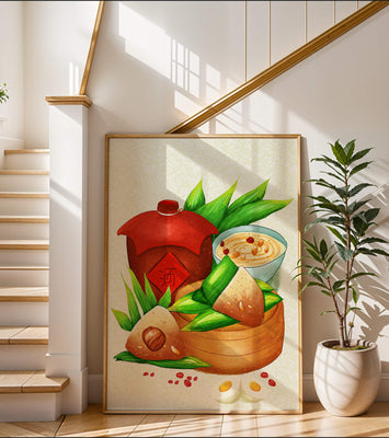 Illustrated traditional Chinese food with zongzi and rice wine