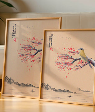 Traditional Chinese painting with bird and blossom branch over tranquil landscape