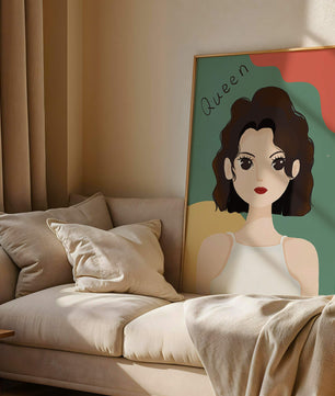 Stylized illustration of a confident woman with abstract background