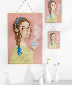 Illustration d'une fille avec un bandeau tenant une tasse fumante