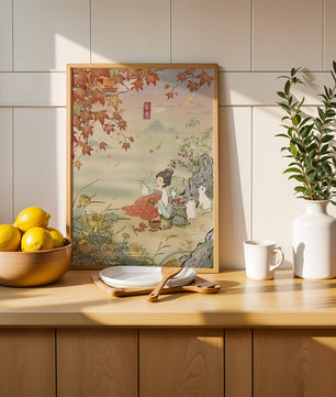 Traditional Chinese painting with autumn scenery and lady sipping tea