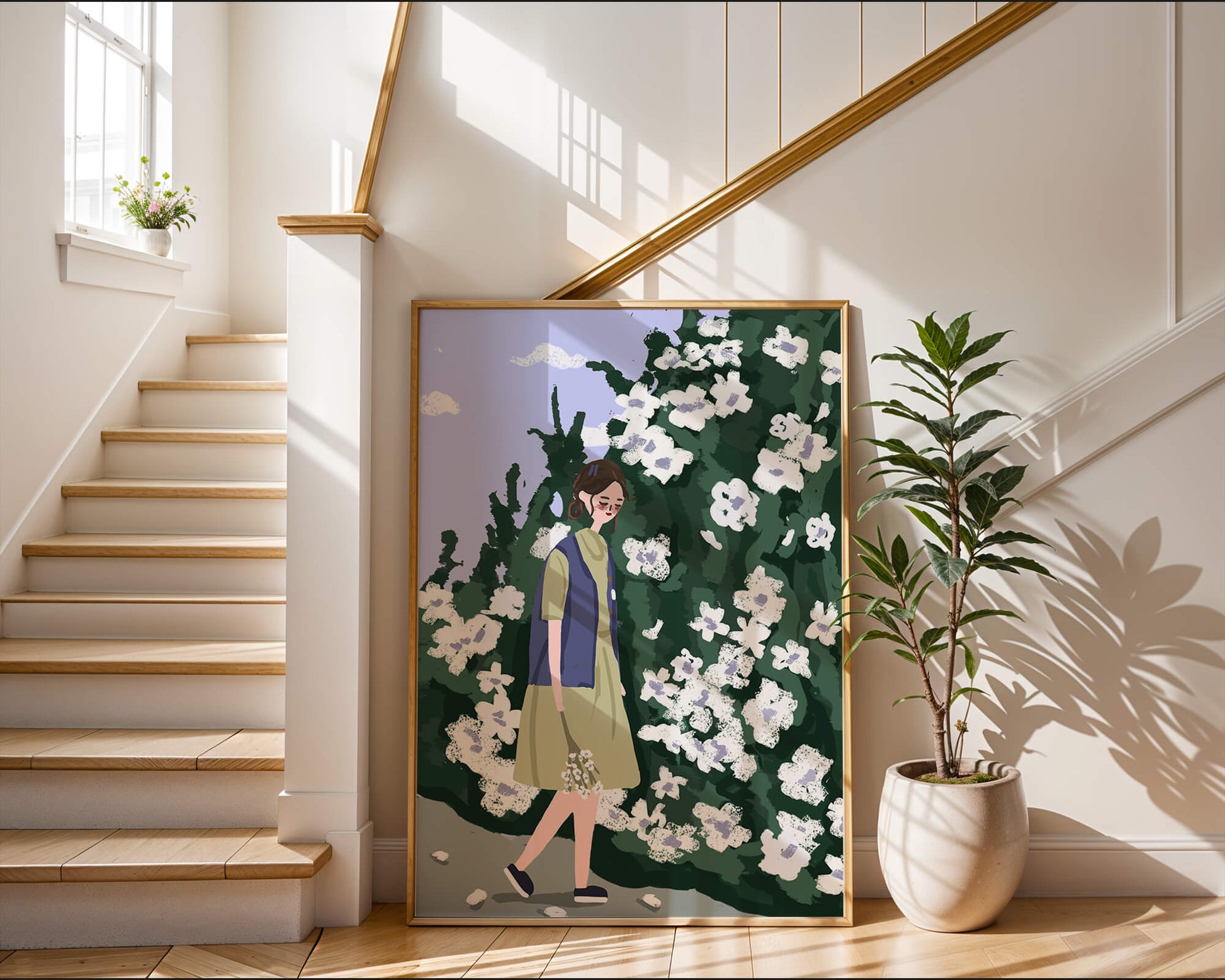 Woman walking by a lush white flower bush on a sunny day