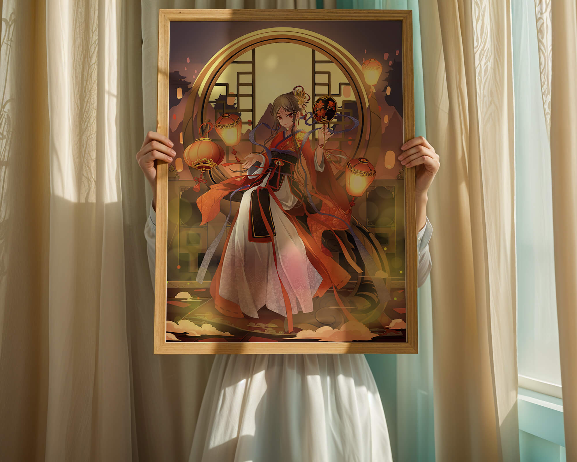 Elegant Asian-inspired fantasy artwork with lanterns