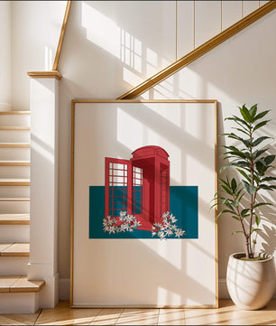 A Pink Phone Booth Surrounded by Flowers on a Teal Background