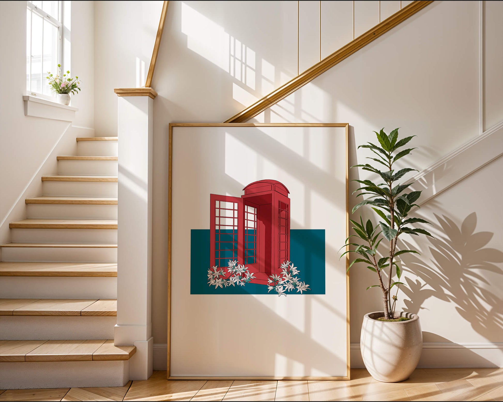 A Pink Phone Booth Surrounded by Flowers on a Teal Background