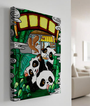 Ilustración de pandas encantadores disfrutando de helado bajo un puente de bambú