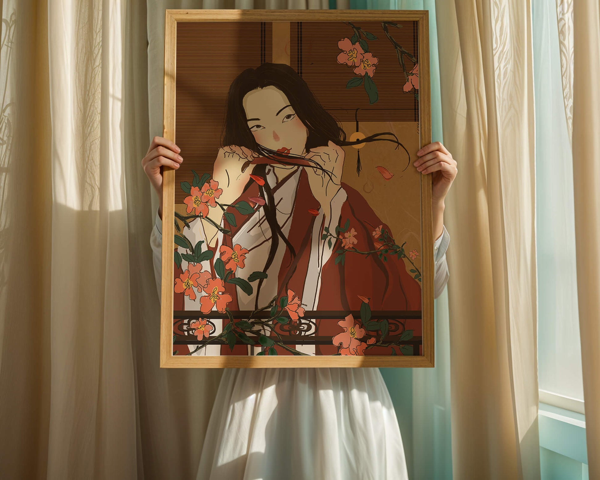 Japanerin spielt Flöte zwischen Blumen in traditioneller Umgebung