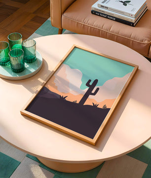 Abstract desert landscape with cactus silhouette at sunset