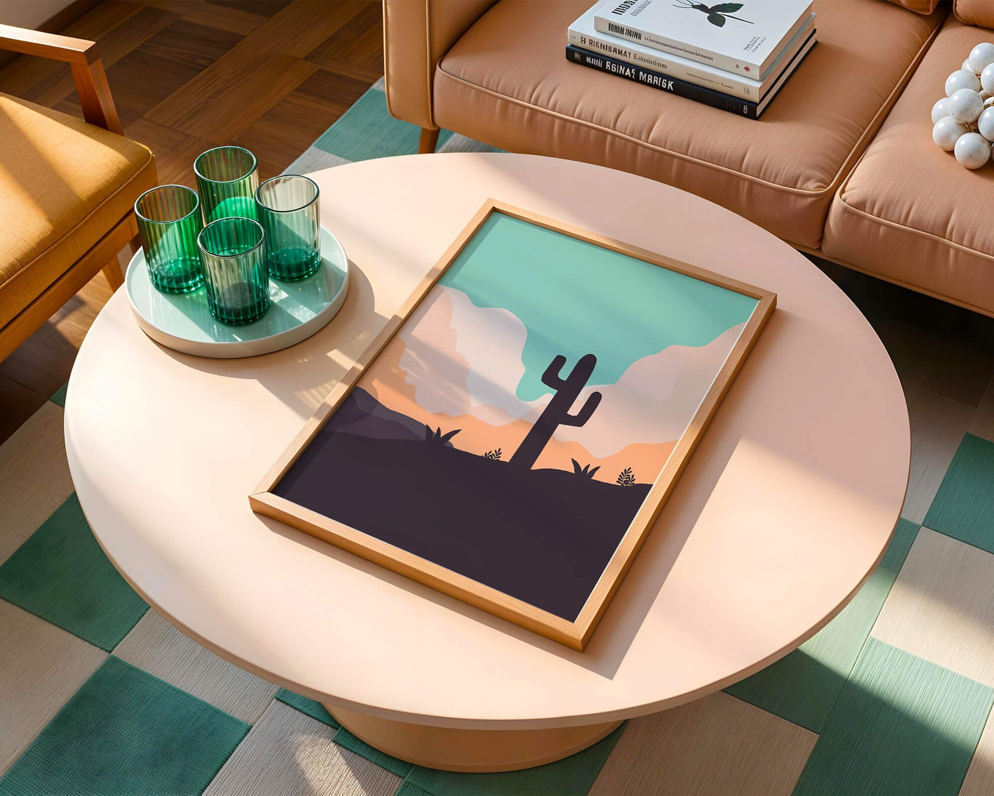 Abstract desert landscape with cactus silhouette at sunset