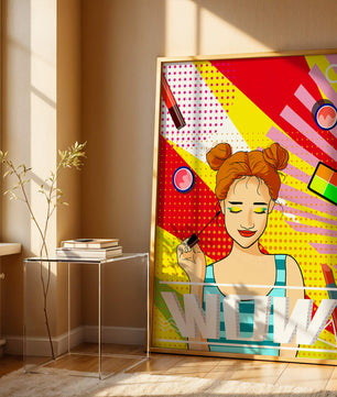 Ilustración de arte pop vibrante con una niña sonriente con maquillaje colorido y patrones audaces