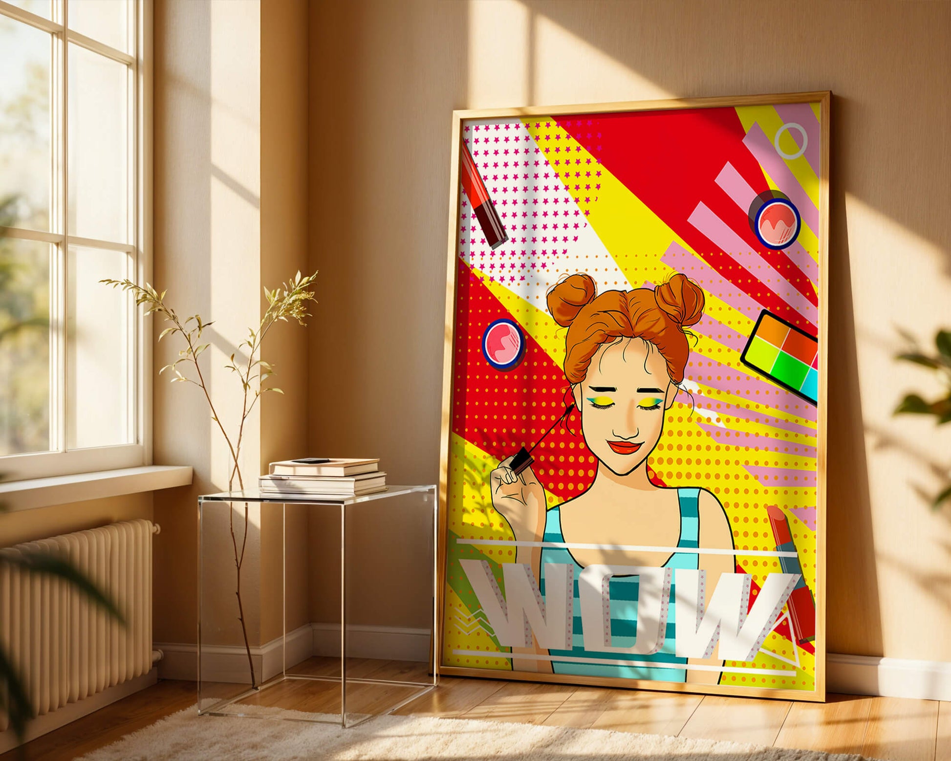 Ilustración de arte pop vibrante con una niña sonriente con maquillaje colorido y patrones audaces