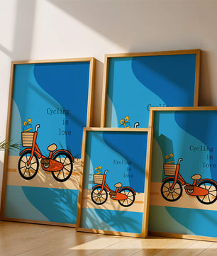 Bicicleta colorida con un regalo en la cesta sobre fondo azul