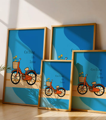 Colorful bicycle with a gift in basket against blue background