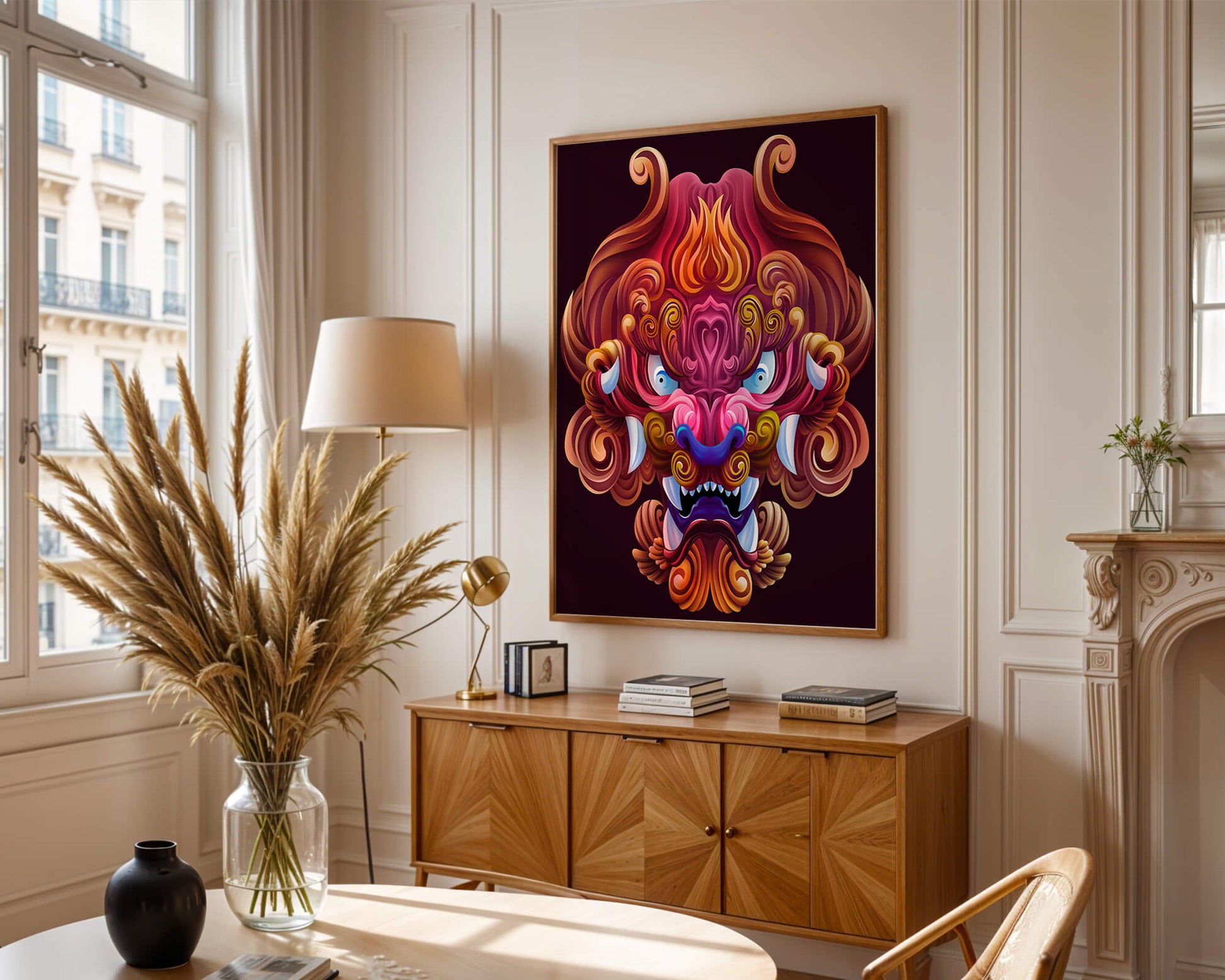Intricate Colorful Dragon Face Illustration with Swirling Patterns