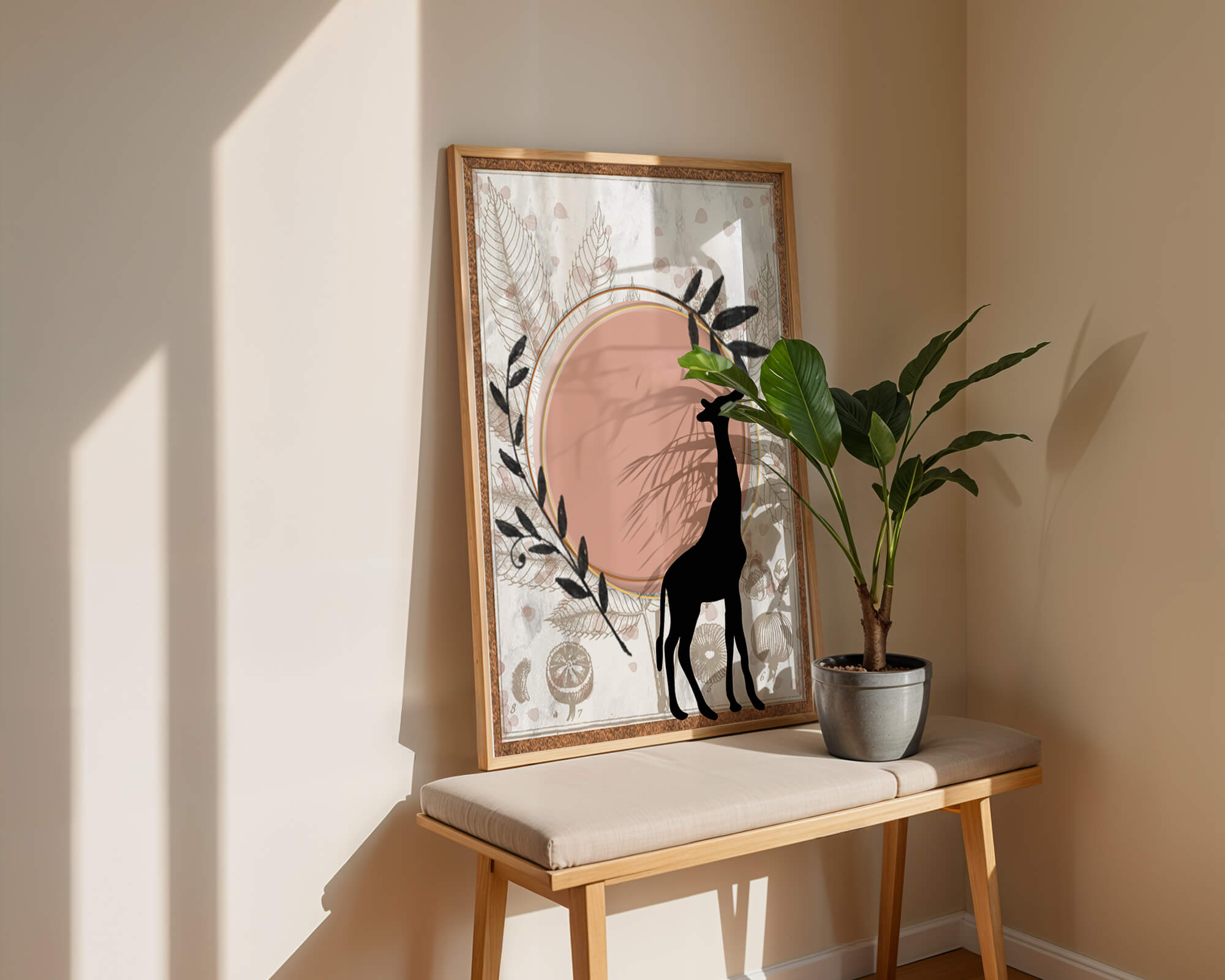 Nature-inspired artwork with giraffe silhouette and botanical elements