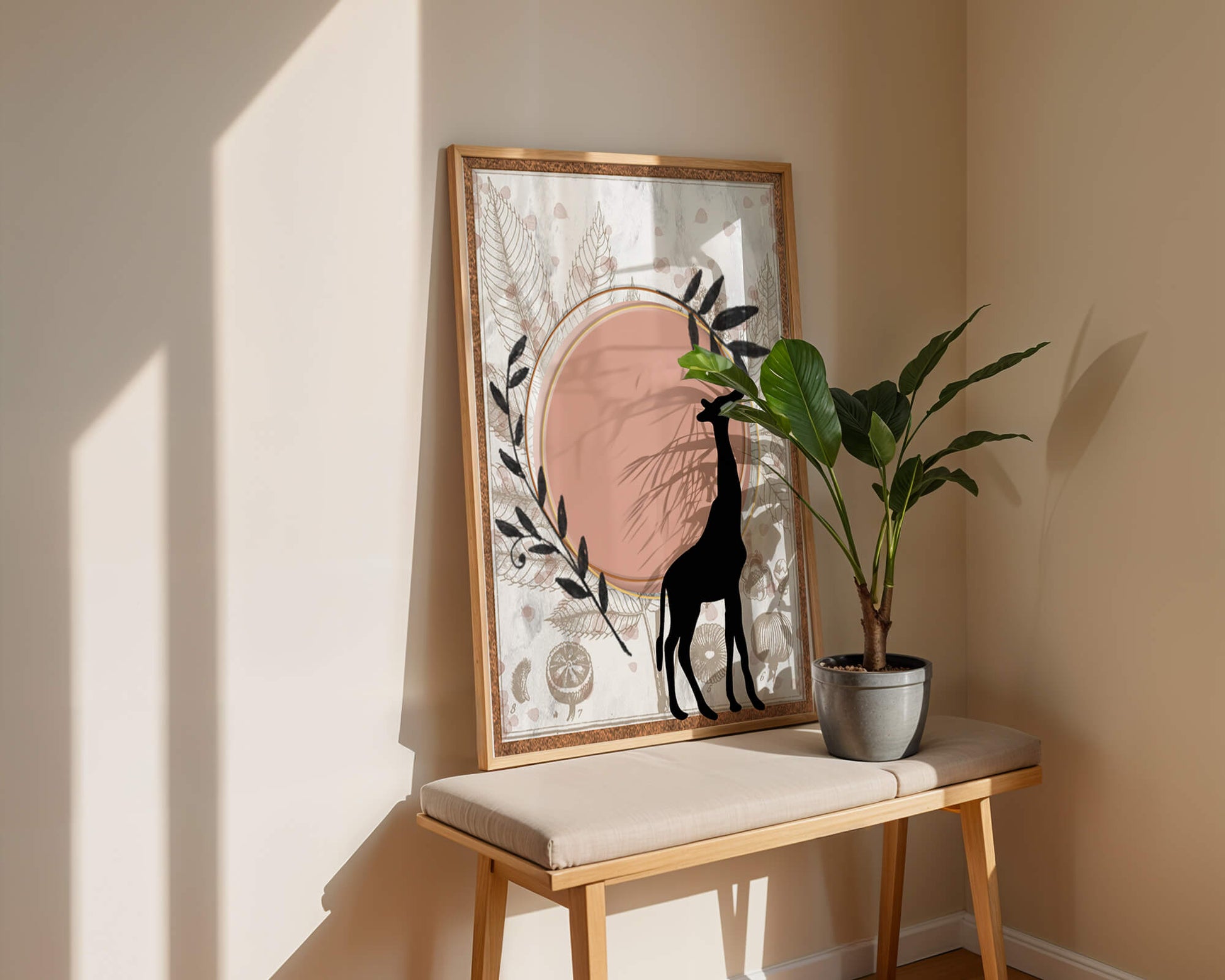 Nature-inspired artwork with giraffe silhouette and botanical elements