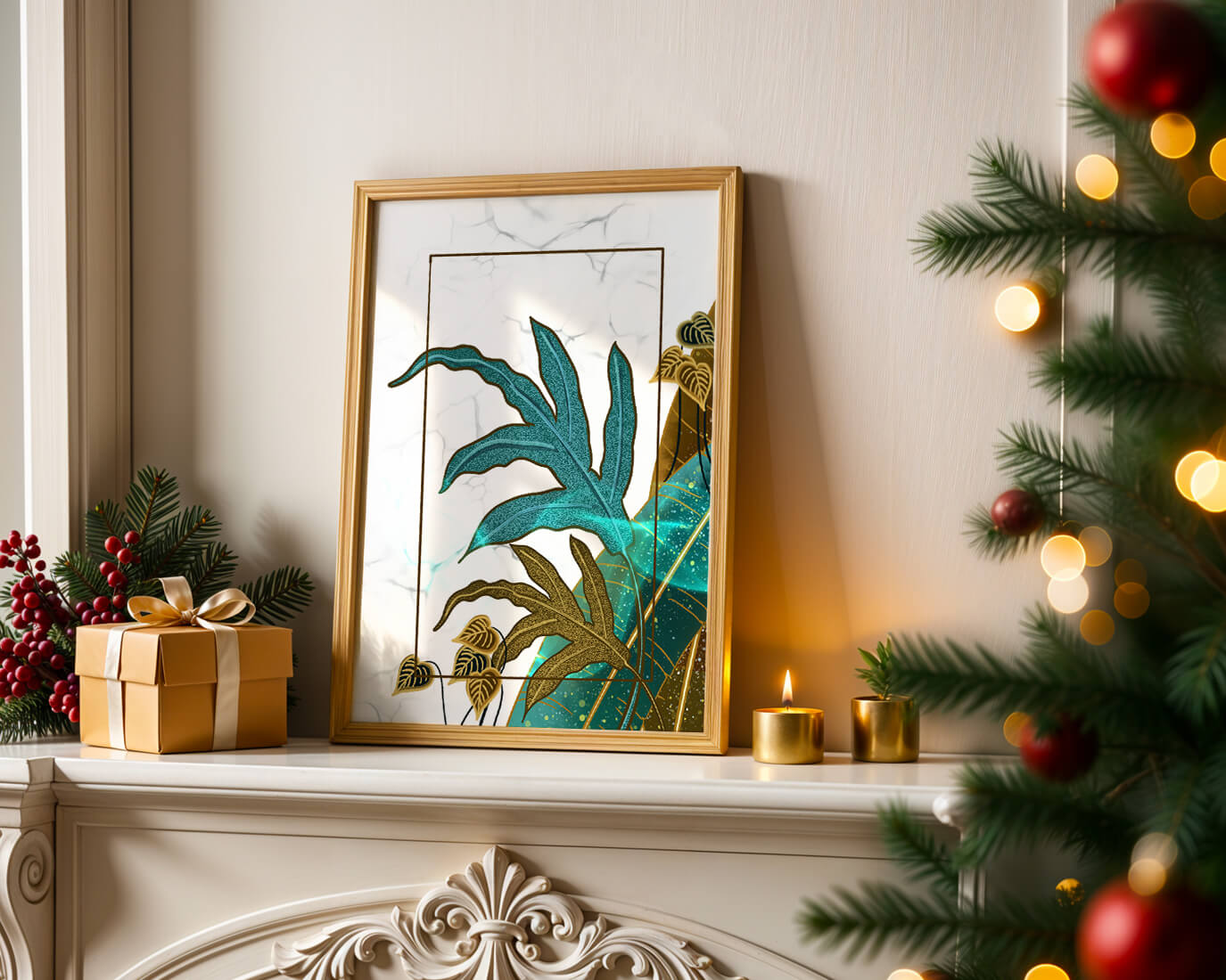 Abstract botanical art with blue and gold leafy designs