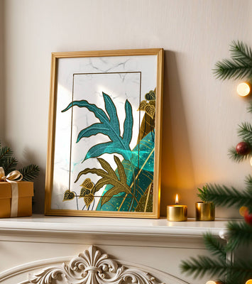 Abstract botanical art with blue and gold leafy designs