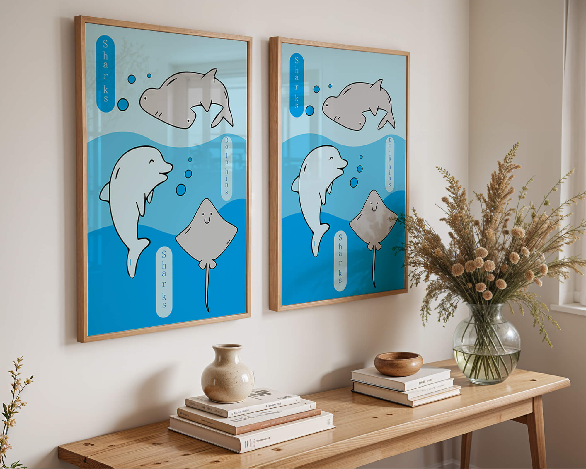 Cartoon sea animals illustration with shark, dolphin, and stingray
