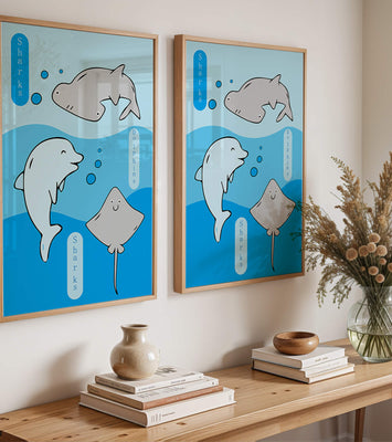 Cartoon sea animals illustration with shark, dolphin, and stingray