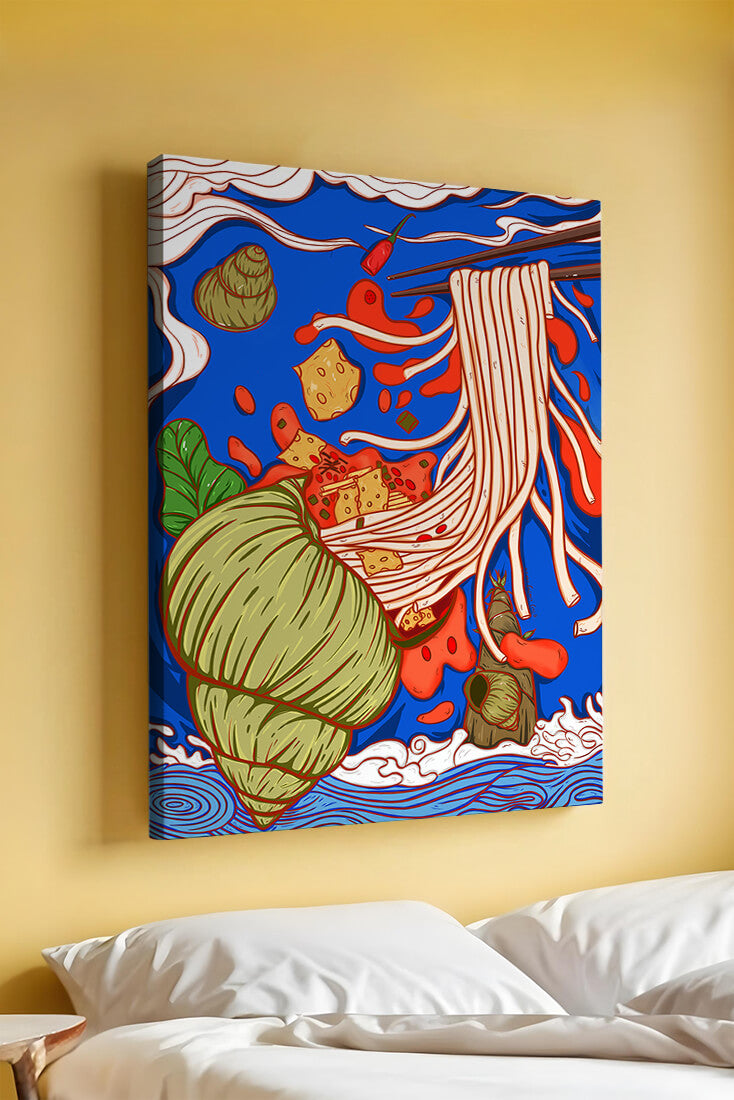 Ilustración intrincada de fideos con colores vibrantes y elementos detallados