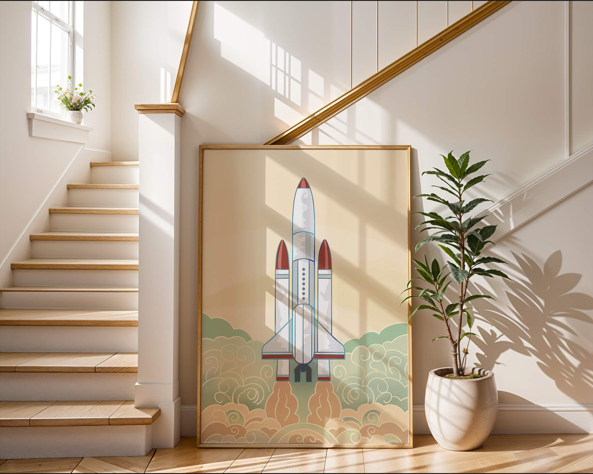 Colorful rocket launch from vintage-style clouds