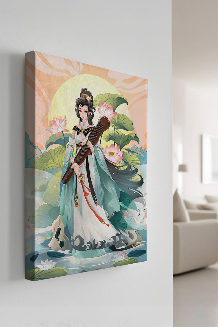 Elegant woman with traditional clothing and musical instrument in serene nature setting