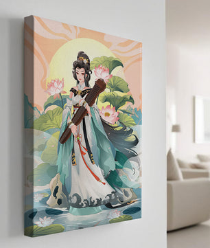 Elegant woman with traditional clothing and musical instrument in serene nature setting