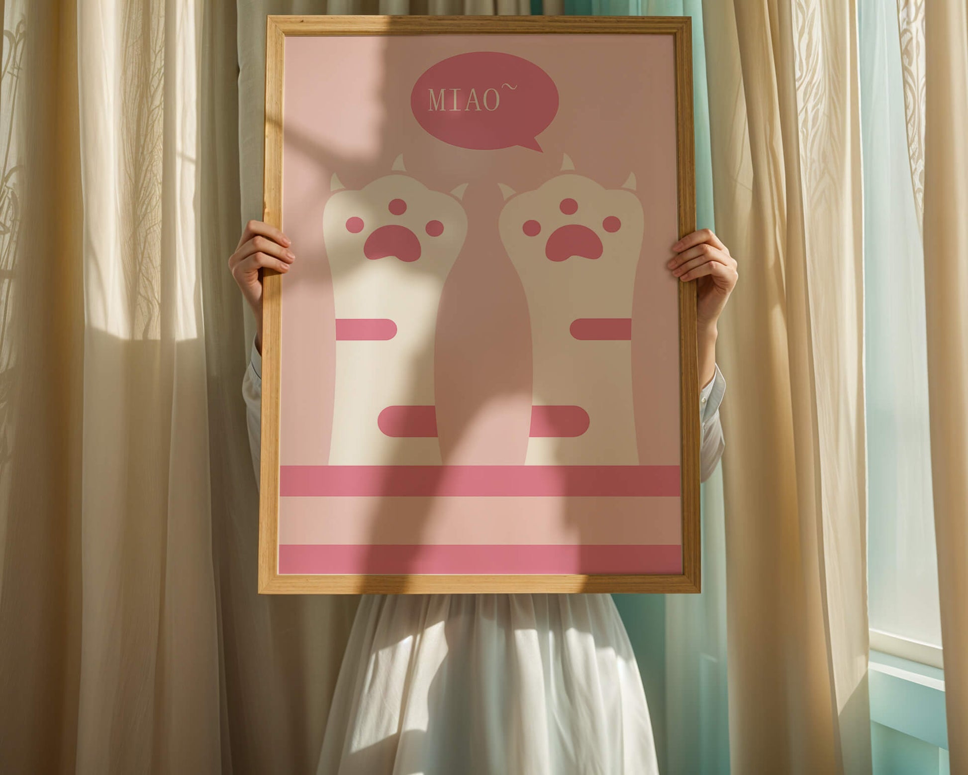 Playful cat paws illustration with speech bubble saying "Miao"