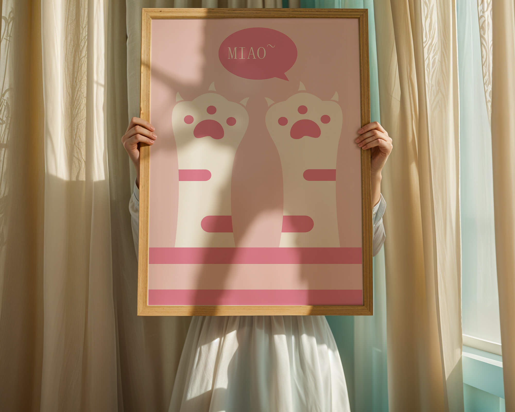 Playful cat paws illustration with speech bubble saying "Miao"