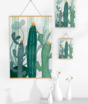 Colorful Cacti with Golden Elements on a Textured Background