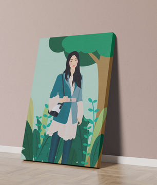 Illustrative portrait of a woman in a stylish outfit with nature backdrop