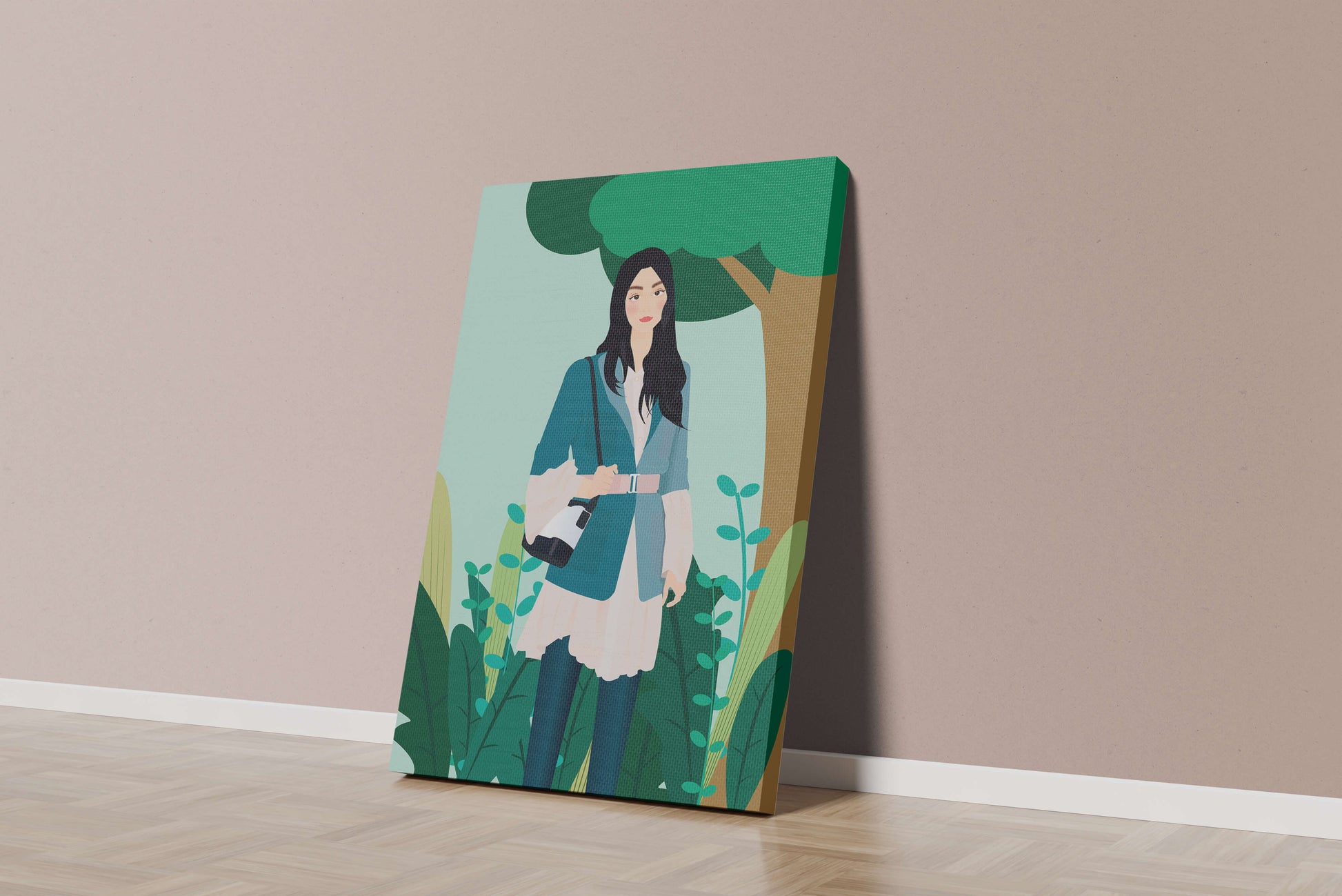 Illustrative portrait of a woman in a stylish outfit with nature backdrop
