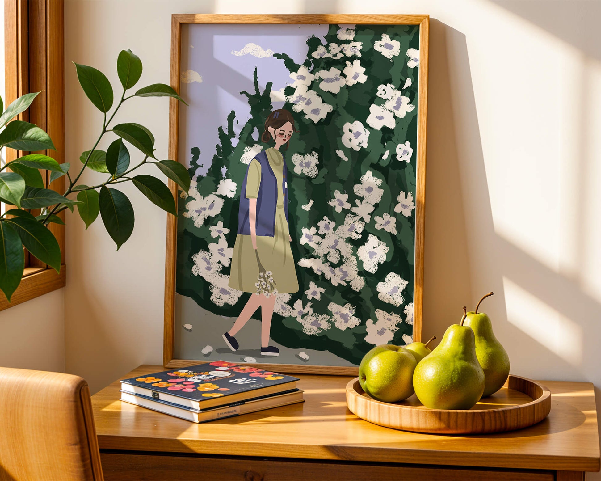 Woman walking by a lush white flower bush on a sunny day