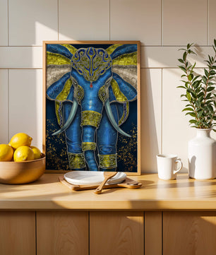 Blue and gold ornate elephant with intricate patterns