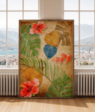 Vibrant tropical leaves and flowers watercolor design