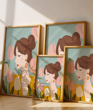 Serene woman surrounded by pastel tulips illustration