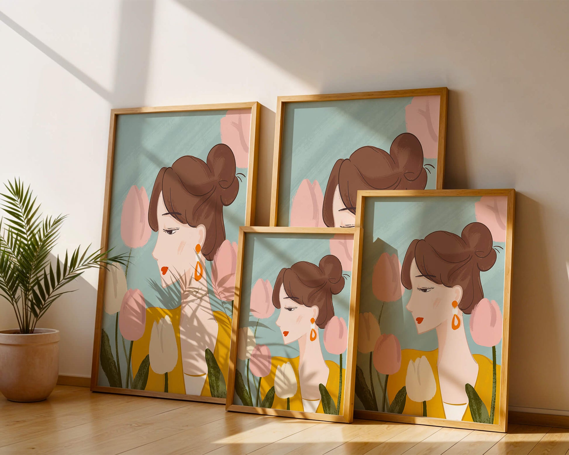 Serene woman surrounded by pastel tulips illustration