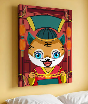 Tigre de dibujos animados colorido con linternas y elementos tradicionales