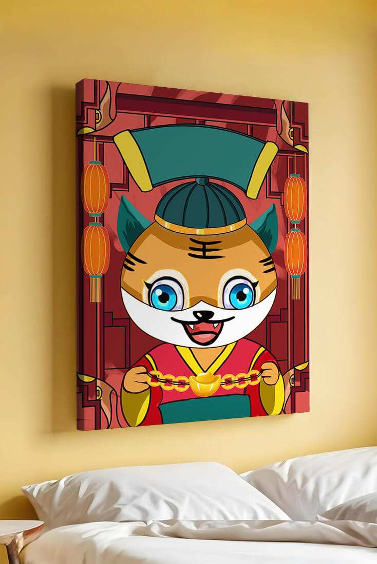 Colorful cartoon tiger with lanterns and traditional elements