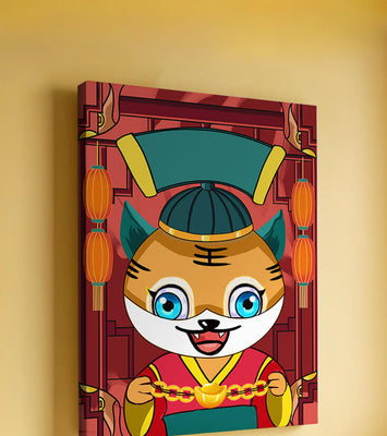 Colorful cartoon tiger with lanterns and traditional elements