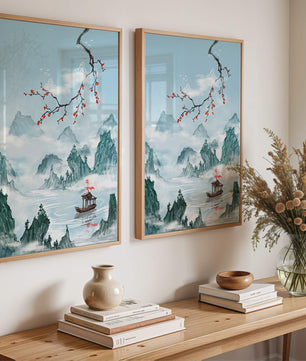 Chinese Landscape with Cherry Blossoms and Boat in Misty Mountains - Mi tienda