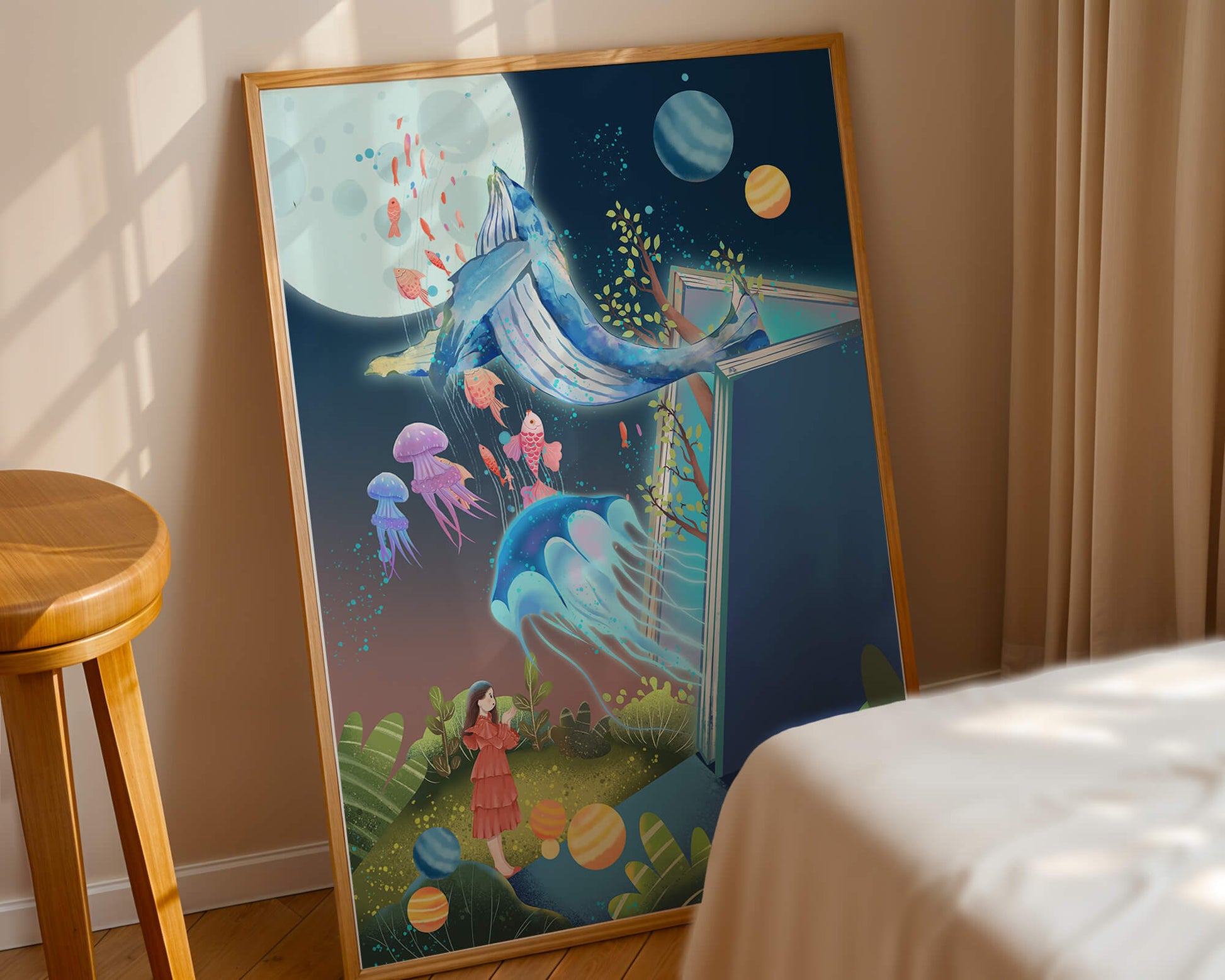 Surreal Ocean Life Emerging From a Book in a Dreamlike Forest Scene