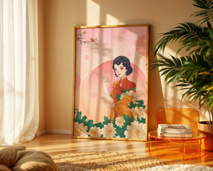 Elegant Woman in Traditional Asian Dress with Floral Background - Mi tienda