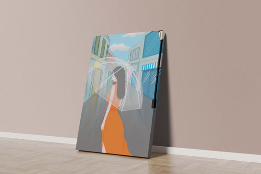 Woman in an orange dress walking with see-through umbrella on rainy street