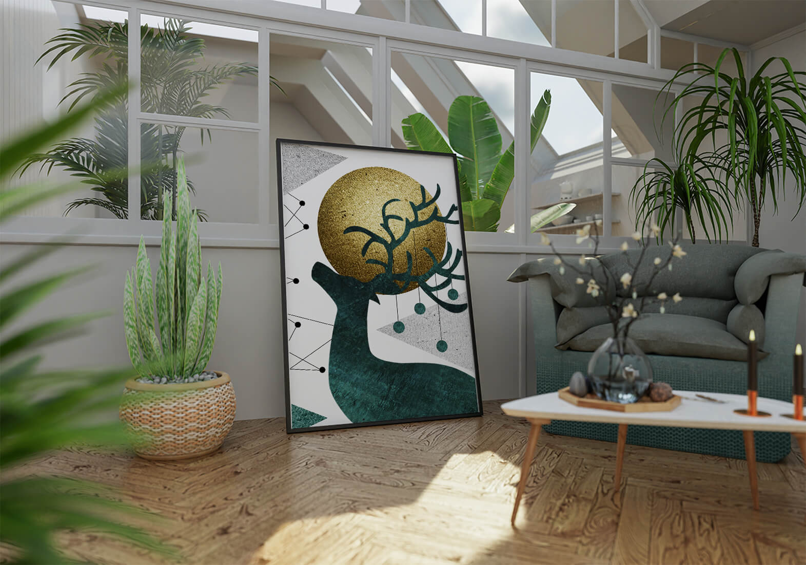 Abstract Geometric Deer with Gold Circle and Modern Design