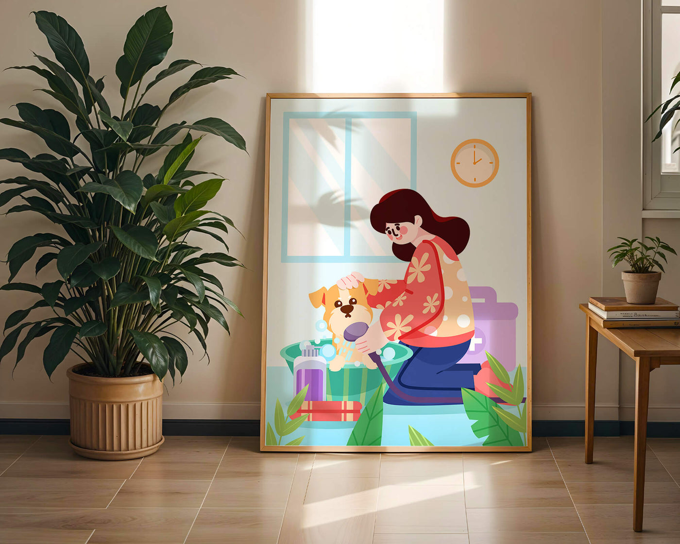 Woman giving a bath to a dog in a colorful bathroom setting