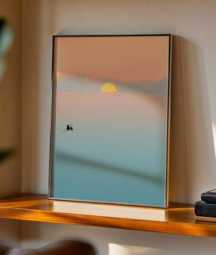 Serene Sunset with Silhouettes and Birds over a Calm Sea